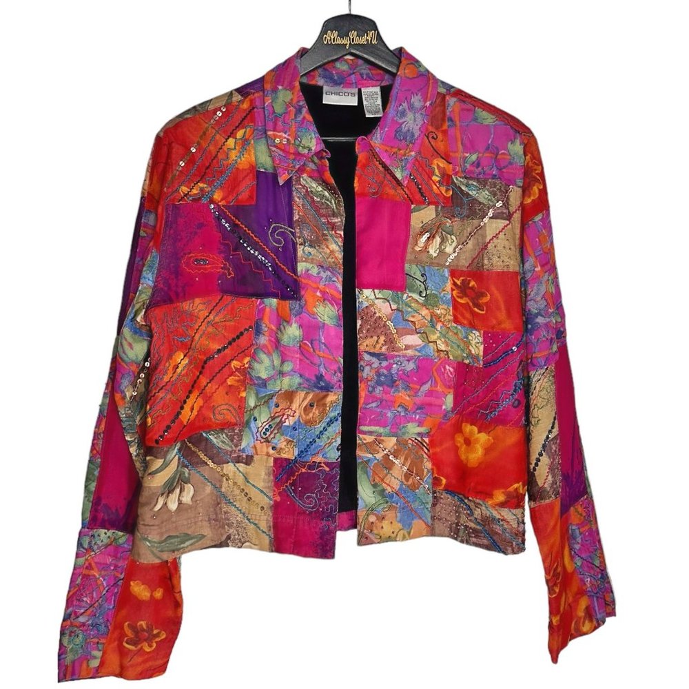 Chico's Pink Purple Patchwork Sequin Beads Embroidered Silk Blend Jacket M